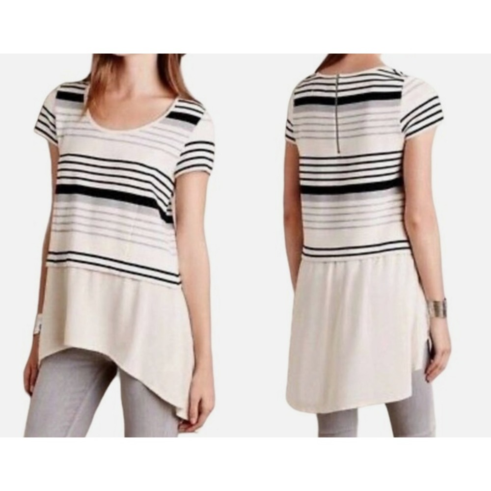 Anthropologie DELETTA Knit Top/Blouse IVORY/BLACK Light Weight GAUZE HEM sz S